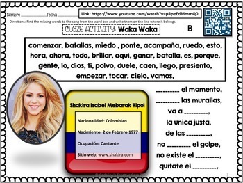 Waka Waka Por Shakira Spanish Song Cloze Activity Song Lyrics Verb Ir