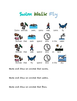 Walk Swim Fly Reader and Animal Sort by mmahoney special education