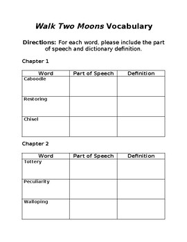 Preview of Walk Two Moons Vocabulary Graphic Organizer