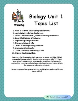 Preview of Walkin WarmUps - Biology Unit 1
