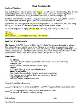 Preview of Wall Street - Movie Permission Slip
