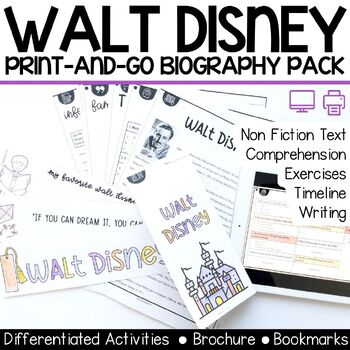 Preview of Walt Disney Biography Set - Reading Passage, Differentiated Activities, Brochure