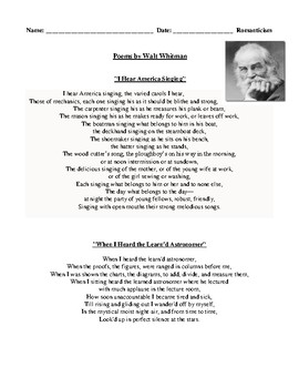 Preview of Walt Whitman Poetry, Review Worksheet, and Detailed Answer Key