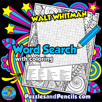 Preview of Walt Whitman Word Search Puzzle Activity Page with Coloring | Famous Poets