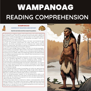 Preview of Wampanoag Reading Comprehension Worksheet | Thansgiving Story