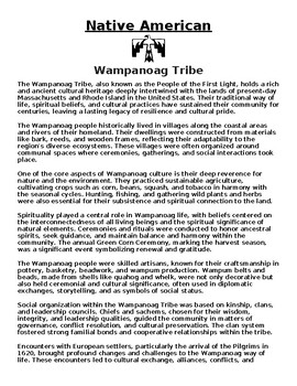 Preview of Wampanoag Tribe Article & Questions Assignment (WORD)