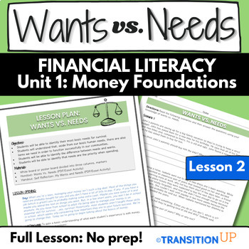 Preview of WANTS VS. NEEDS: Financial Literacy-Transition-Worksheets-Activities-No Prep