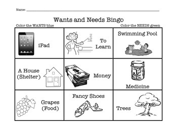 Preview of Wants and Needs Activity- Bingo