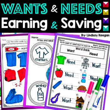 Preview of Wants and Needs Worksheets and Sort Earning Money and Saving Kindergarten 1st