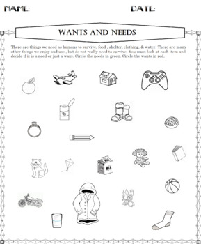 Preview of Wants and Needs Worksheet