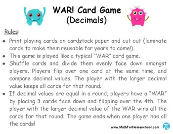 Preview of WAR! Card Game (Decimals)