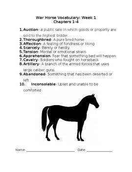 war horse novel weekly vocabulary by friedfertig s findings tpt