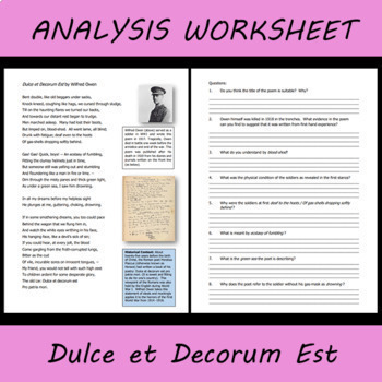 Preview of War Poetry Analysis Worksheet: Dulce et Decorum Est for Google Drive