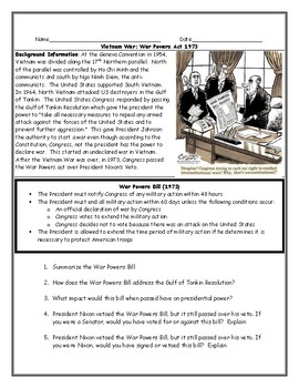 War Powers Act Vietnam War Worksheet with Answer Key by Social Studies