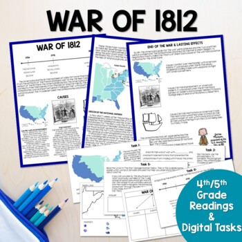 Preview of War of 1812 Causes, Events & Outcomes Digital Readings & Task Cards GSE SS4H3a