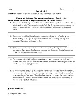 War of 1812: Madison's War Message Adaptive Worksheet with Answer Key