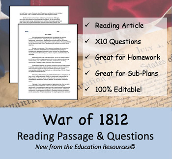 Preview of War of 1812 - Reading Passage Worksheet & Ten Questions (Editable)