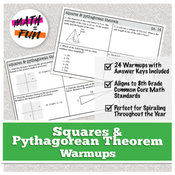 Preview of 8th Grade Math Warm Ups: Squares & Pythagorean Theorem: (CC Standards, Spiral)