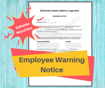 Preview of Warning Notice Form/ Employee Write Up Form / Perfect for Preschools & Daycares