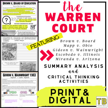Warren Court Major Decisions Summaries and Activities by Teacher Bistro