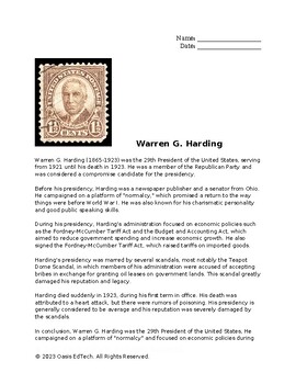 Preview of Warren G. Harding Worksheet
