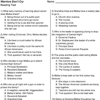 Preview of Warriors Don't Cry Test (reading check for the whole book)
