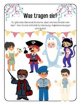 Preview of Was tragen sie?  German Adjective activity Karneval Edition