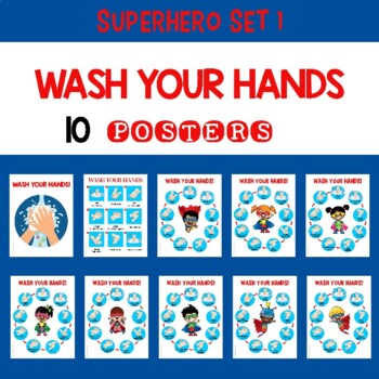 Preview of How to Wash Hands Posters Superhero Themed Set 1 (Classroom License)