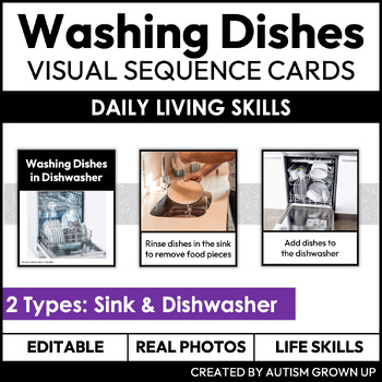 Preview of Washing Dishes Visual Sequence Cards | Life Skills | Editable