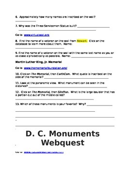 Preview of Washington D.C. Monumental Web Quest