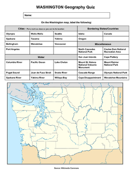 Washington Geography Quiz by Kurt Johnson  TPT