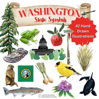 Preview of Washington State History Symbols Hand Drawn Illustrations - Color and BW