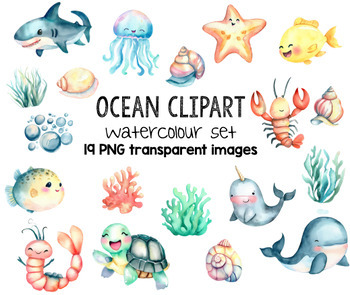 Preview of Water Colour Ocean Animals Clipart - 19 High Quality Transparent PNG Images