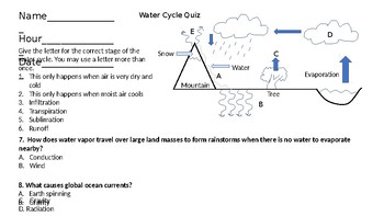 Preview of Water Cycle Quiz with Remediation Tasks Middle School