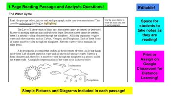 Preview of Water Cycle (Reading Passage and Analysis Questions)