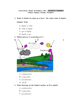 Preview of Water Cycle, Weather, Matter Assessment Student and Teacher Versions