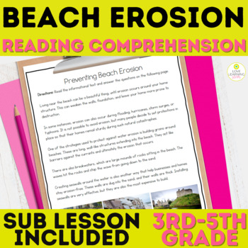 Preview of Water Erosion Reading Comprehension Science Sub Plan Preventing Beach Erosion