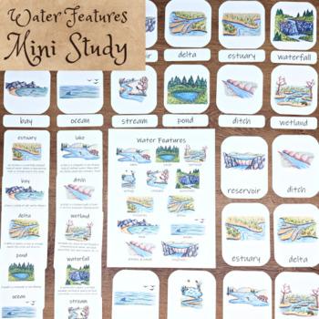 Preview of Water Features Printables: flashcards, classroom poster, and info cards