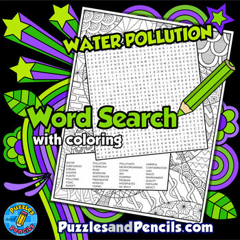 Preview of Water Pollution Word Search Puzzle Activity with Coloring | Environmental Issues