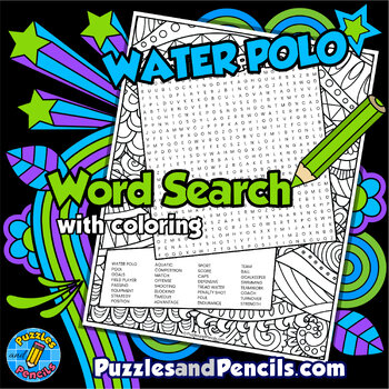 Preview of Water Polo Word Search Puzzle Activity with Coloring | Summer Games Wordsearch
