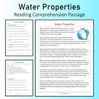 Preview of Water Properties Reading Comprehension Passage Printable Worksheet