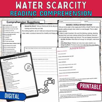 Preview of Water Scarcity Reading Comprehension Passage Worksheets,Digital & Print
