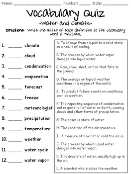 Water and Climate Vocabulary Quiz by Yay3rdGrade | TpT