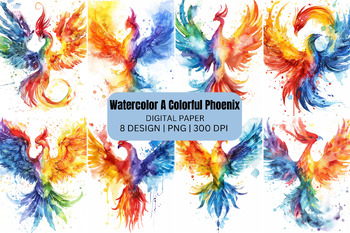 Preview of Watercolor A Colorful Phoenix Digital Paper Background