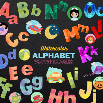 Preview of Watercolor Alphabet Clipart, 78 watercolor PNG Watercolor Graphics, Letters Name