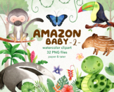 Watercolor Amazon Baby Animals 2 Clipart Graphic, Tropical