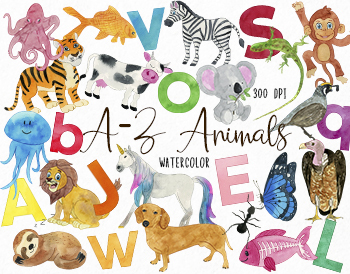Watercolor Animal Alphabet Clipart, Animals A-Z Clipart, Zoo Clipart,  Letters