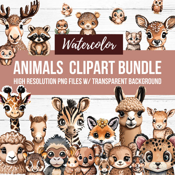 Preview of Watercolor Animals Clip Art PNG Files, Safari Farm Woods Forest Baby Animals PNG