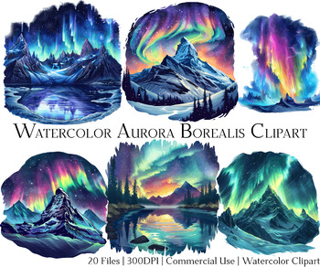 Preview of Watercolor Aurora Borealis Clipart Set of 20 Files