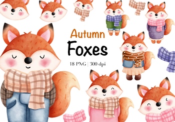 Preview of Watercolor Autumn Foxes Clipart.